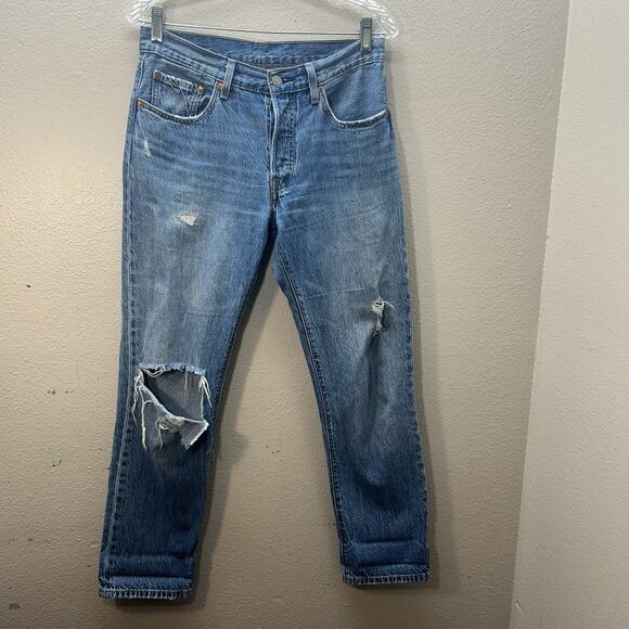Levis Womens 501 Distressed High-Rise Waist Jeans Size 26 x 28 Blue Denim Ankle - Picture 1 of 7